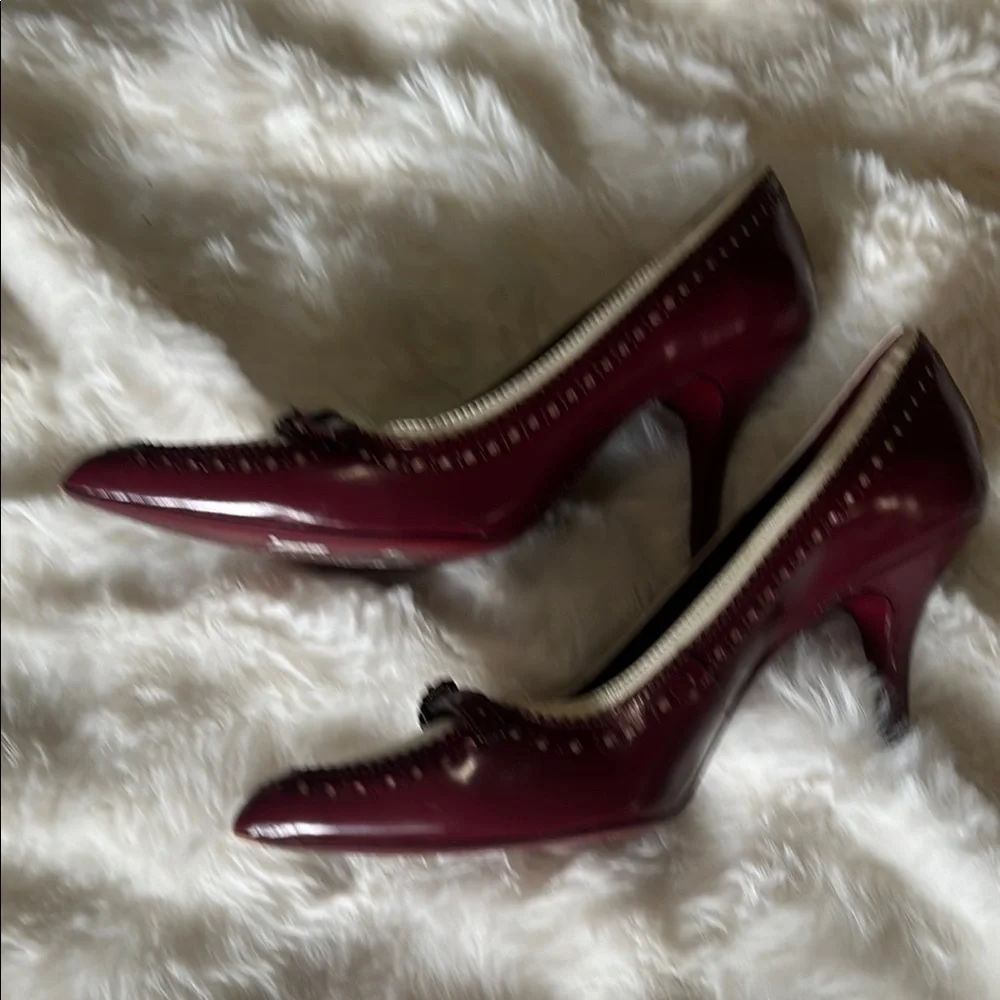 Tory Burch Burgundy and Cream Buckle Heels 9